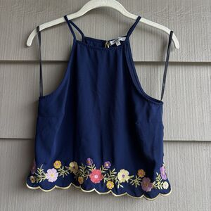 Papaya Navy Floral Embroidered Crop Top Scallop Hem Size S Summer Boho